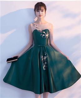 Picture of Dark Green Tea Length Satin Bridesmaid Dresses, Floral Party Dresses